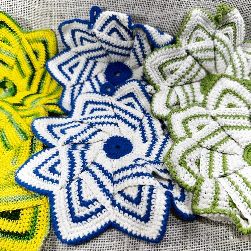 Vintage Handmade Crochet Potholders Set of 6 Starburst Flower Petal Multi Color